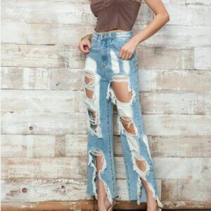 High Waisted Bleached Heavily Distressed Wide Leg Jeans